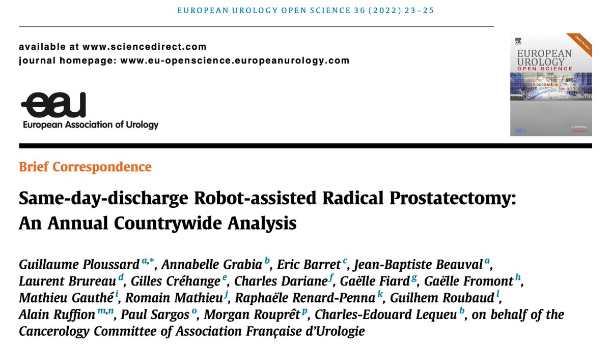 Current Issue: Same-day-discharge Robot-assisted Radical Prostatectomy: An Annual Countrywide Analysis buff.ly/3tYCuJA @GPloussard @barret_e @jbbeauval @CharlesDariane @GaelleFiard @PrRomainMATHIEU @PaulSargos @MRoupret