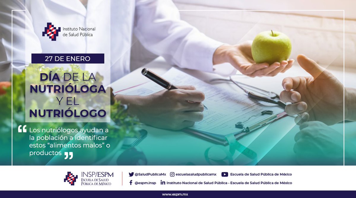 SaludPublicaMx's tweet photo. 27 de enero | Día de la Nutrióloga y el Nutriólogo 🍏
Hoy celebramos la importante tarea de cuidar la buena alimentación que fortalezca el sistema inmune de millones de mexicanos.
#DíaDelNutriologo #CINyS #Nutriologo https://t.co/FNL5YLyYCw