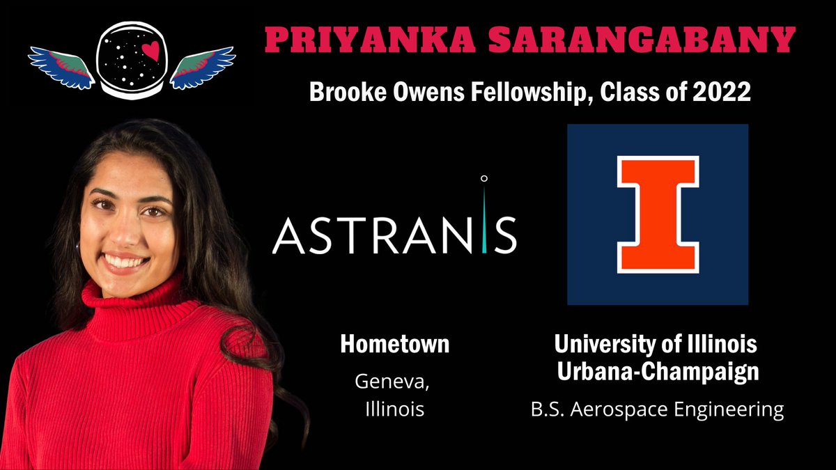 Please welcome Priyanka Sarangabany (<a href="/priyankasaranga/">Priyanka Sarangabany</a>) 🇮🇳🇺🇸 to the <a href="/owensfellowship/">Brooke Owens Fellows</a> Class of 2022!
Sarangabany is a Junior studying Aerospace Engineering at <a href="/UofIllinois/">University of Illinois</a> and will work at <a href="/astranis_space/">Astranis</a> this summer.