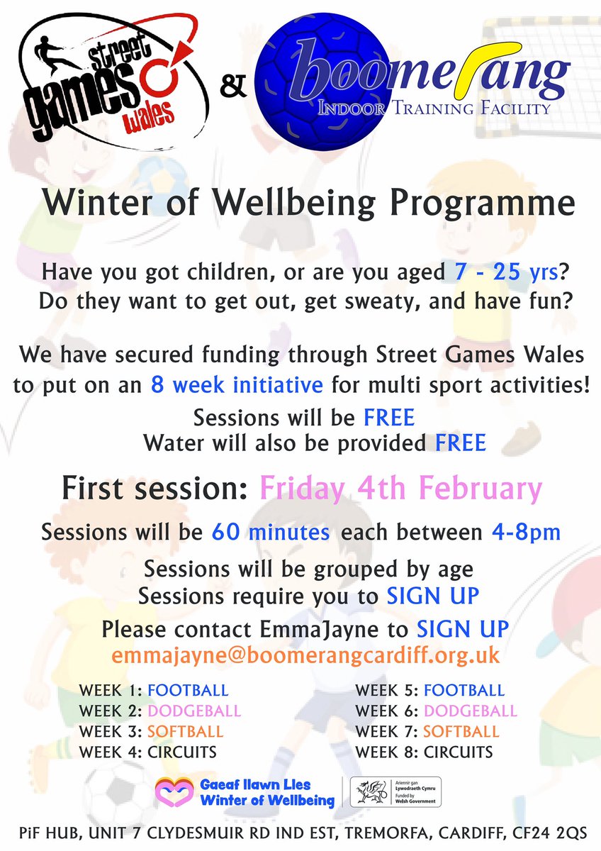 We are working with Street Games to offer FREE Sessions on Friday Evenings to Children in Cardiff as part of Winter of Well being supported by the Welsh Government

If your child is interested. please contact emmajayne@boomerangcardiff.org.uk 
#WinterofWellbeing 
#GaeafLlawnLles