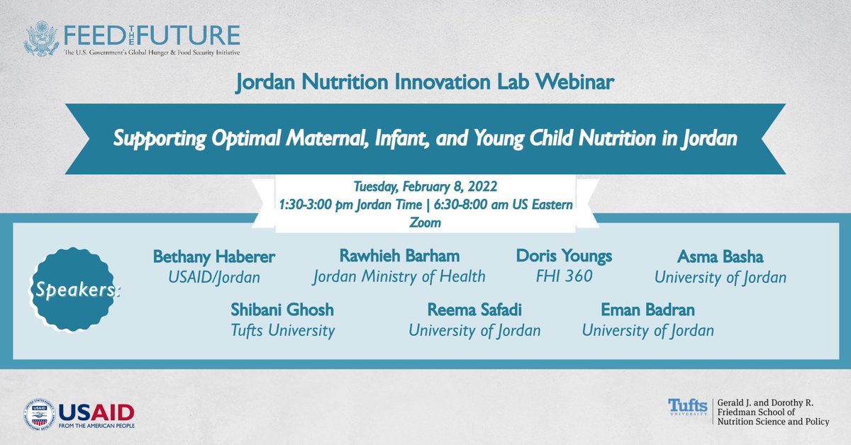 Feed the Future Jordan Nutrition Innovation Lab (@nutrilabjordan) on Twitter photo 📢Don't miss our first #webinar on maternal, infant, and young child #health and #nutrition in #Jordan on 2/8 at 1:30 pm Jordan Time! Join us to hear from our expert panelists from @mohgovjo, <a href="/USAIDJordan/">USAID Jordan</a>, <a href="/fhi360/">FHI 360</a>, @uj_news, and <a href="/TuftsNutrition/">Tufts Nutrition</a>.
Register: bit.ly/JNIL-MIYCHN-we… 📢Don't miss our first #webinar on maternal, infant, and young child #health and #nutrition in #Jordan on 2/8 at 1:30 pm Jordan Time! Join us to hear from our expert panelists from @mohgovjo, <a href="/USAIDJordan/">USAID Jordan</a>, <a href="/fhi360/">FHI 360</a>, @uj_news, and <a href="/TuftsNutrition/">Tufts Nutrition</a>.
Register: bit.ly/JNIL-MIYCHN-we…