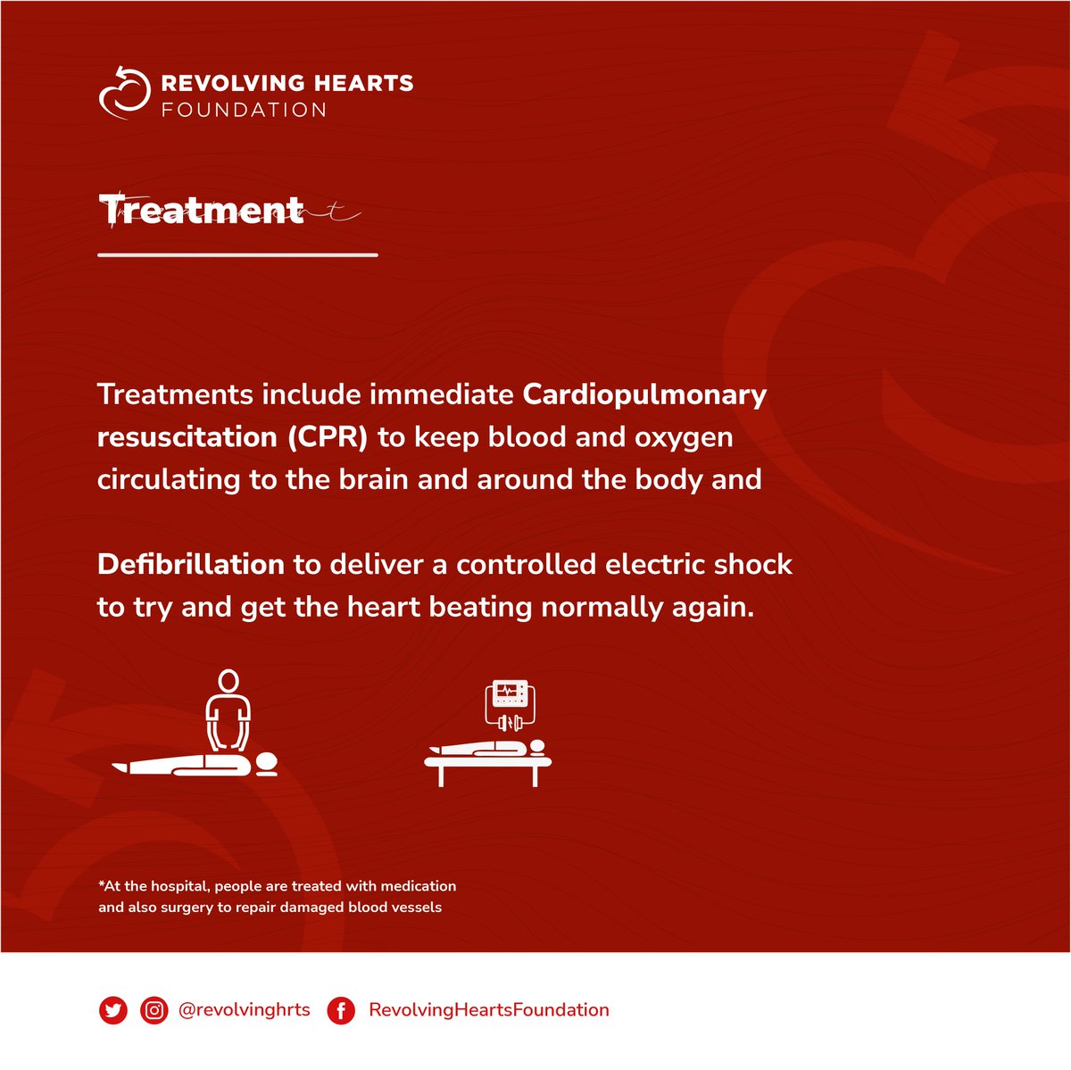 Revolvinghrts's tweet photo. Treatment include immediate Cardiopulmonary resuscitation (CPR) to keep blood and oxygen circulating to the brain and around the body and defibrillation to deliver a controlled electric shock to try and get the heart beating normally again. https://t.co/ttEyrmXeL0