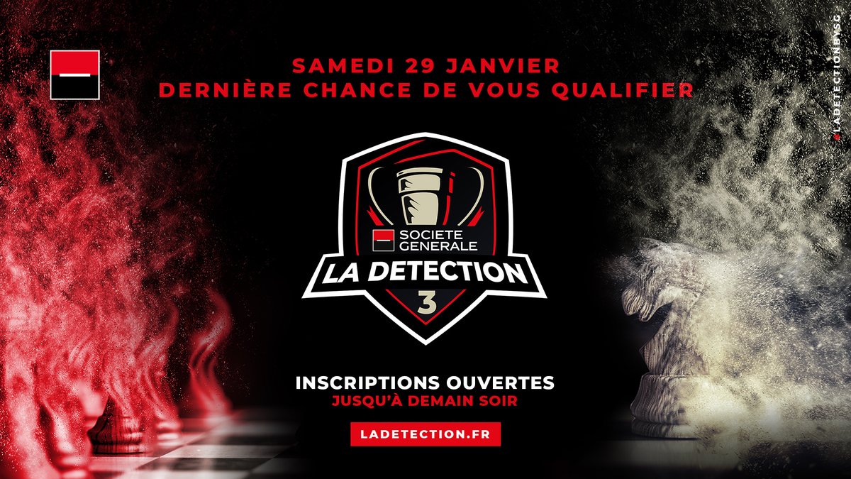 SGesport's tweet image. Hier soir, 64 joueurs se sont qualifiés dans le tournoi #LaDetectionBySG !

Samedi, vous aurez une dernière chance de vous qualifier ! ♟️
Si vous n'êtes pas inscrits, les inscriptions aux 13-18 ans sont ouvertes jusqu'à demain soir 23h59 ⌛

👉 ladetection.fr