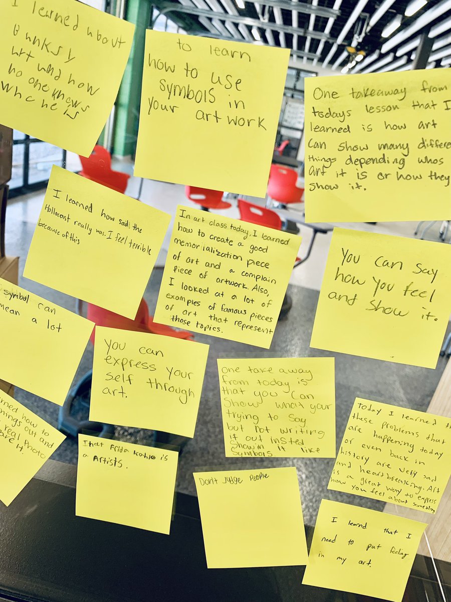 Today, 7th grade learned how artists express ideas, opinions and emotions through the use of symbolism. We talked about things like the Holocaust, equal rights, and 9/11. At the end, I asked Ss to write down one thing they took away from today’s lesson. Simple but informative.