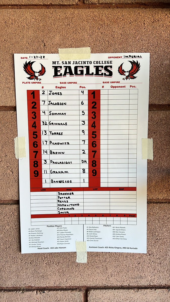 MSJCBaseball's tweet photo. Starting lineup for today! https://t.co/KSuTv8YBNm