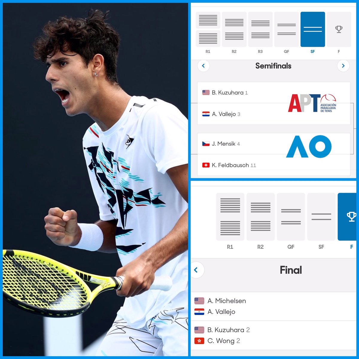 APTenis's tweet image. 🎾 ¡Noche-Madrugada apoyando a Dani Vallejo! 💪🏼

🇵🇾 La bandera paraguaya sigue flameando bien alto en el #AusOpen  Junior 2022.

⌚️21:00 Py: Semifinal (Singles)

⌚️01:00: Final (Dobles)

👊🏼 ¡Vamos, Dani. A por todo!

#APT #TenisParaguayo