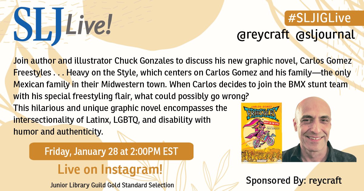 sljournal's tweet photo. Join author/illustrator #ChuckGonzales in conversation with his editor as they explore his new graphic novel "Carlos Gomez Freestyles...Heavy on the Style". Tune in TOMORROW- Friday, January 28 at 2pm EST- only on @sljournal Instagram. We can't wait! @ReycraftBooks #SLJIGLive https://t.co/Y8saIBhuDU