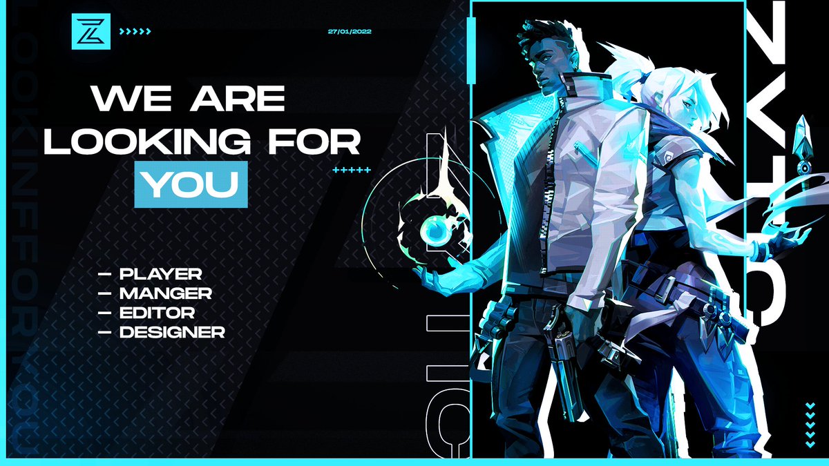 ZyticEsports's tweet photo. We are looking for new #valorant players: 💙👀

- 16+
- At least T3 Experience
- Immortal 2+
- 4x a week available
- Committed to the long term

In addition, we are looking for a coach, manager, #Editor and #Designer. https://t.co/IZ1XNfxf77