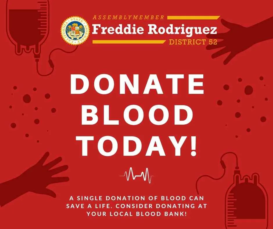 AsmRodriguez53's tweet photo. CA is facing a severe blood crisis. I have introduced #AB1709 to help provide needed relief to blood banks, first responders, hospitals, and patients by providing up to $500 in donation tax credits. Visit your local blood bank soon and read more on AB1709: https://t.co/yDnHSCqymS https://t.co/ippMe8r2oD