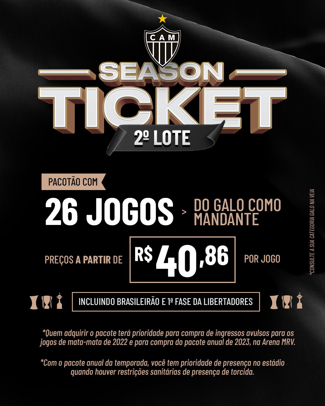 Atlético on X: Torcedor, garanta presença em 26 jogos do #Galo como  mandante em 2022 e tenha prioridade na compra de ingressos para mata-matas!  O segundo lote do pacote anual já está