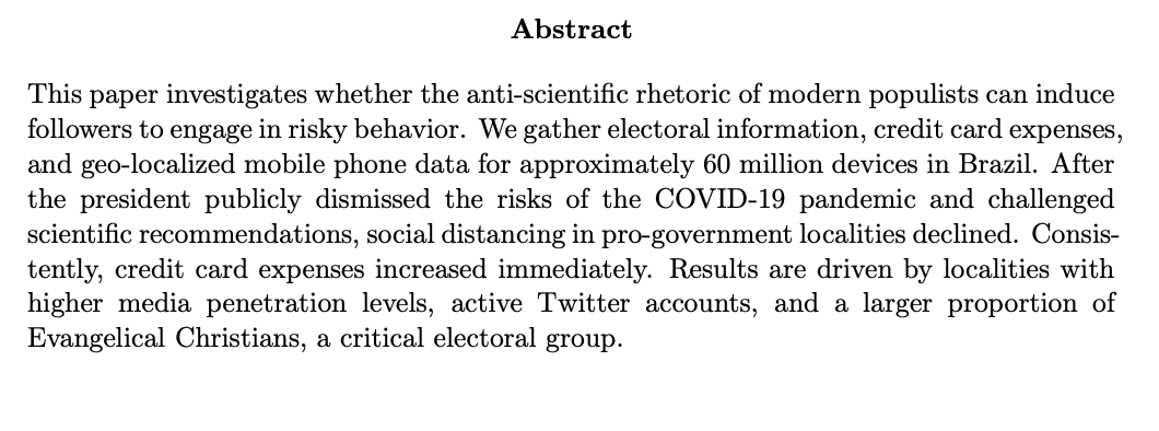 Nicolas_Ajz's tweet photo. Our paper "More than Words: Leaders’ Speech and Risky Behavior During a Pandemic" (@DaMataDan and @TiagoCa01150760) was conditionally accepted in the AEJ: Econ Policy (@AEAjournals)!

The message:  the rhetoric of populist leaders has meaningful impacts on risky behavior. https://t.co/dDtx36zqK3