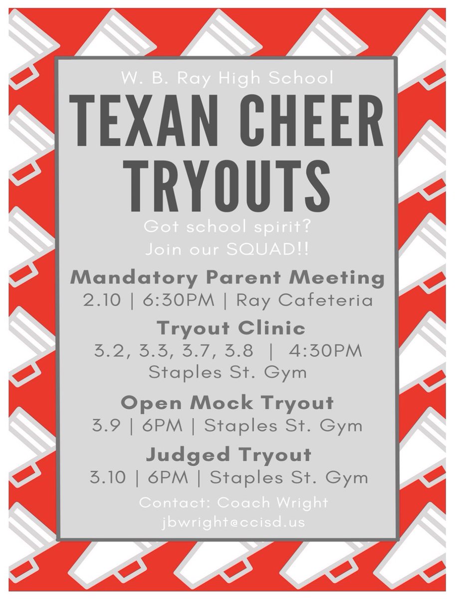It’s TRYOUT SEASON y’all!!! Spread the word!! 📣📣📣 <a href="/wbrayhs/">W.B. Ray High School</a> <a href="/RayTexanHoops/">Ray Texan Basketball</a>  <a href="/wbrayfootball/">Craig Charlton</a> <a href="/raytexanbsbl/">Texan Baseball</a> <a href="/Ray_Ruckus/">Bleacher Creatures</a> @RayTexanTrack @wrestlingtexans