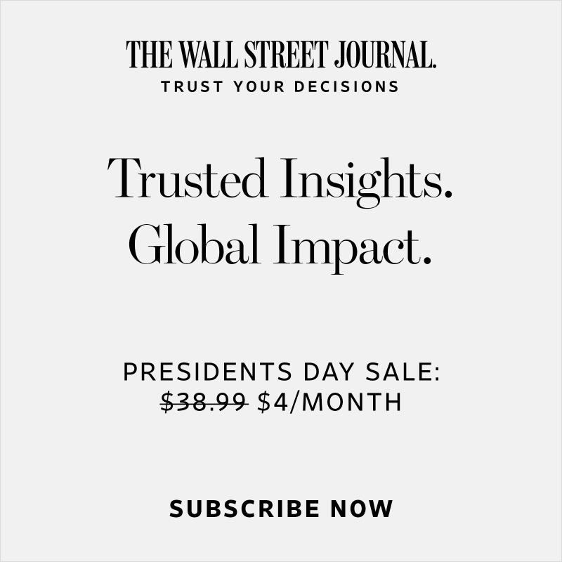 WSJ's tweet photo. Presidents Day Sale: $4 per month. Available for a limited time — don't wait.