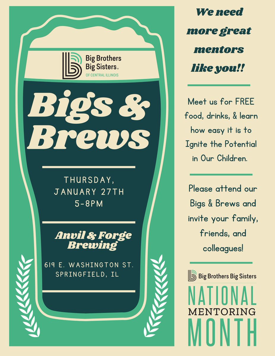 TODAY! Stop by Anvil &amp; Forge Brewing and Distilling in Springfield today from 5-8pm! Invite your family, friends, and colleagues and meet us for free food, drinks, and learn how easy it is to mentor and support local youth!  bbbscil.org forms.gle/tncwowqGyZHfme…