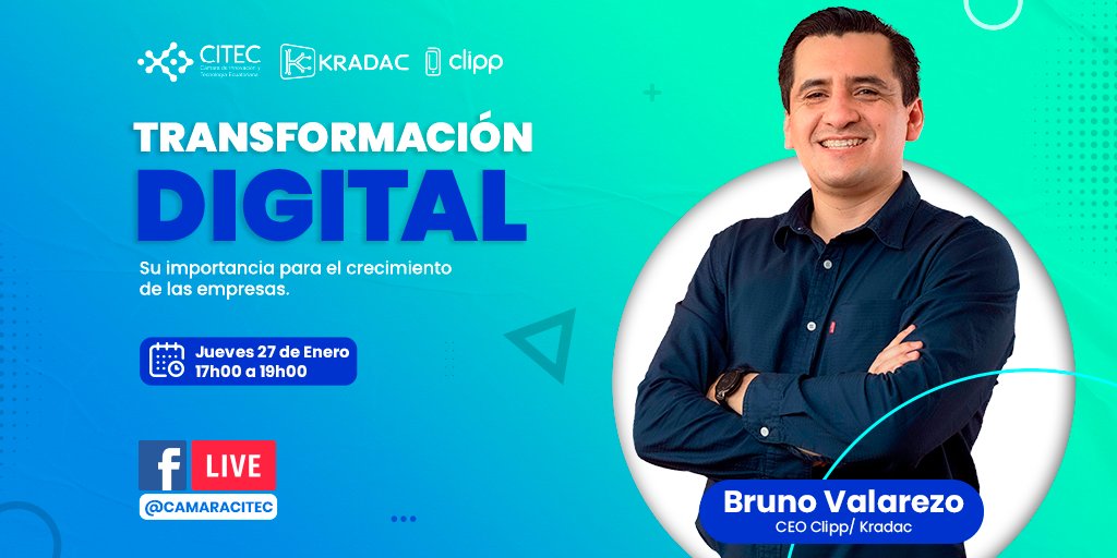 Seremos parte de #CiteChTalks. Nuestro CEO <a href="/bmvalarezo/">Bruno Valarezo ✌️</a> hablará de la ”Transformación Digital: su importancia para el crecimiento de las empresas”.    
Hoy, desde las 17h30🤝                            
Regístrate aquí👇🏻 y participa
bit.ly/CITEChTalksTra…
Transmitido por <a href="/CITECec/">CITEC</a>