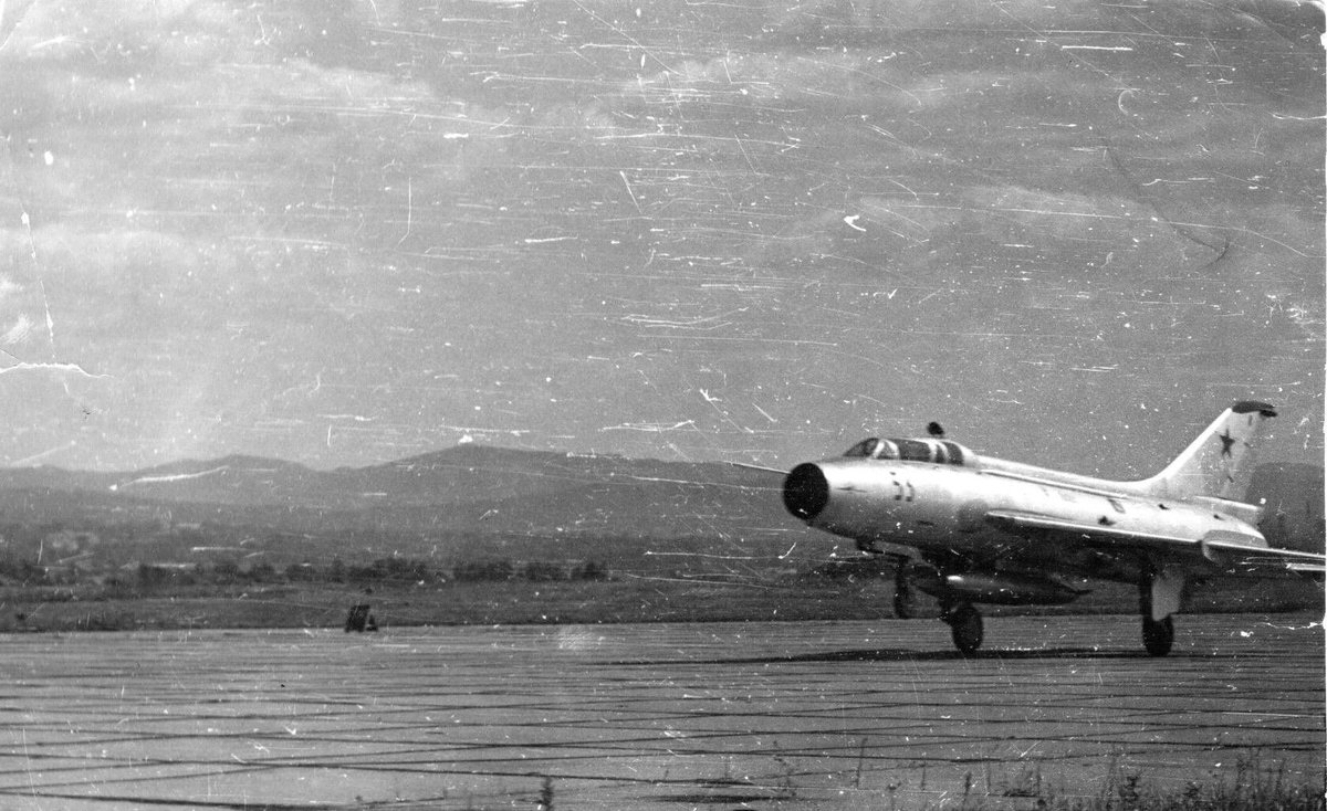 Fighting_Fitter's tweet photo. Sukhoi Su-7U “55 red” gets airborne. Note the maintenance award badge on the nose. Circa 1969 #SukhoiSu7 #Su7U #SukhoiFitter https://t.co/YGEQiNiT8i