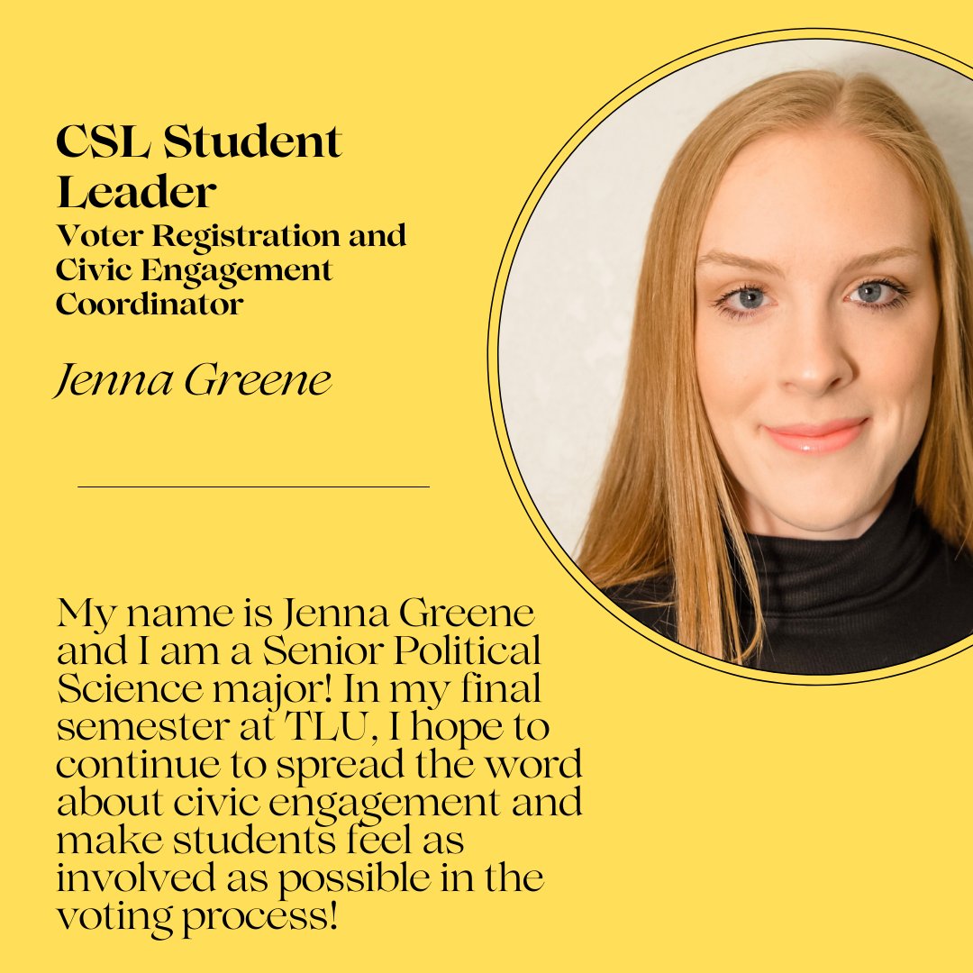 TLU_CSL's tweet photo. Introducing the newest members of the TLU Voting Team! We are so excited to welcome Chase and Izzy on board with Jenna for campus civic engagement efforts this semester. #TLUVotes https://t.co/BfUWnnKirt