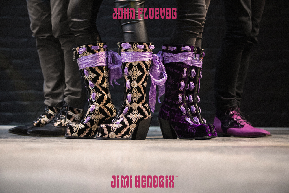 Fluevog's tweet photo. Today's the day! The Fluevog x Jimi Hendrix collection, designed exclusively in collaboration with Authentic Hendrix LLC, is available in stores and online now! 💜 https://t.co/Y2CNbMNLzc https://t.co/ZPvN65FJhW