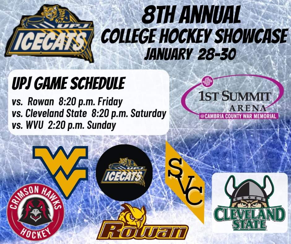UPJ IceCats (@upj_icecats) on Twitter photo AN EXCITING WEEKEND OF COLLEGE HOCKEY!
Full showcase schedule in comments...
<a href="/IUPIceHockeyD3/">IUP Ice Hockey D3</a> <a href="/WVUHockeyD3/">WVU Hockey Club D3</a> <a href="/Rowan_D3_Hockey/">Rowan D3 Hockey</a> <a href="/CsuHockey/">Cleveland State Vikings Hockey</a> <a href="/SVCHockey/">Saint Vincent Hockey</a>
<a href="/PittJohnstown/">Pitt-Johnstown</a> <a href="/UPJStuAffairs/">UPJ Activities</a> <a href="/CollegeHckyEast/">College Hockey East</a> <a href="/UPJ_Athletic/">UPJ Athletic Events</a> @ AN EXCITING WEEKEND OF COLLEGE HOCKEY!
Full showcase schedule in comments...
<a href="/IUPIceHockeyD3/">IUP Ice Hockey D3</a> <a href="/WVUHockeyD3/">WVU Hockey Club D3</a> <a href="/Rowan_D3_Hockey/">Rowan D3 Hockey</a> <a href="/CsuHockey/">Cleveland State Vikings Hockey</a> <a href="/SVCHockey/">Saint Vincent Hockey</a>
<a href="/PittJohnstown/">Pitt-Johnstown</a> <a href="/UPJStuAffairs/">UPJ Activities</a> <a href="/CollegeHckyEast/">College Hockey East</a> <a href="/UPJ_Athletic/">UPJ Athletic Events</a> @