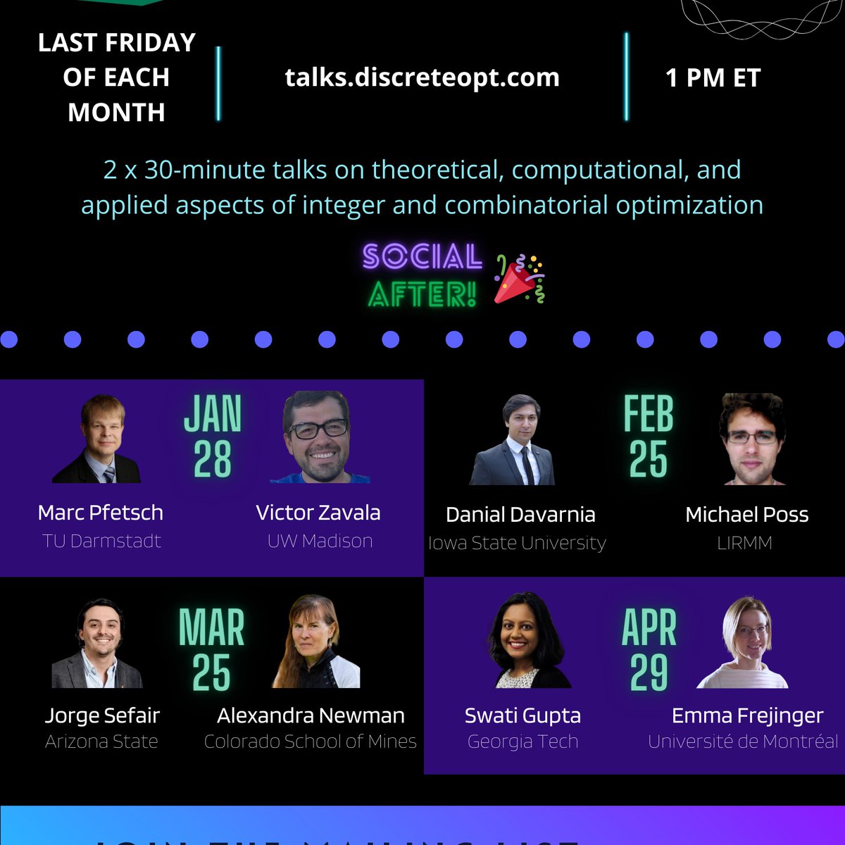 akazachk's tweet image. A new season of #DiscreteOptTalks is here! Join @lyeskhalil and me on end-of-month Fridays at 1pm ET, starting *tomorrow* with Marc Pfetsch and @MadVictorZ. For talk titles, abstracts, and info about joining the sessions, visit talks.discreteopt.com. #orms