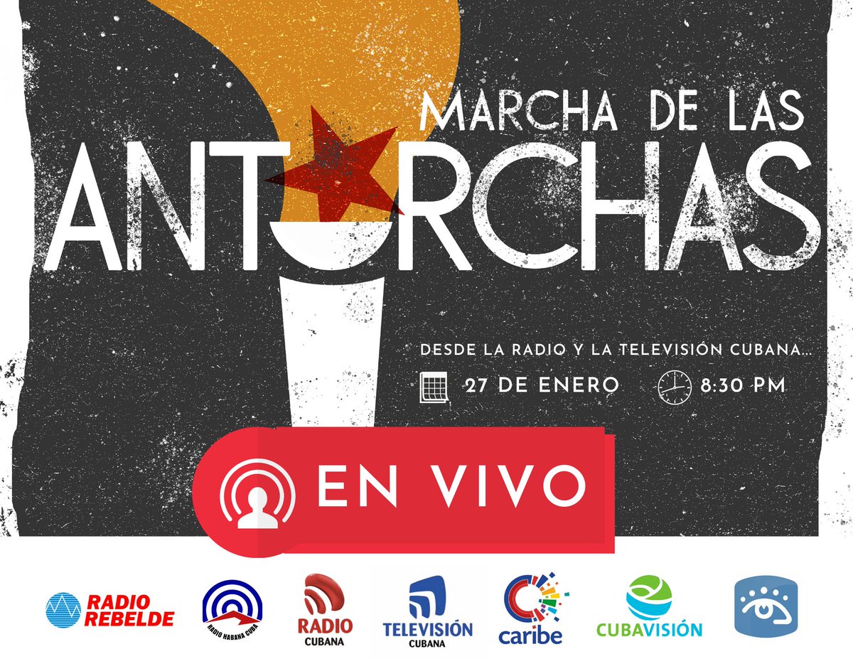 🇨🇺 A través de la señal de la radio y la televisión, desde las 8:30 pm, #EncendidaMiJuventud #Antorchas2022. 

📺 <a href="/CanalCaribeCuba/">Canal Caribe</a>, @cvdetodos y <a href="/CVInternacional/">Cubavisión Internacional</a>
📻 <a href="/radiorebeldecu/">Radio Rebelde - Cuba</a> y <a href="/RadioHabanaCuba/">Radio Habana Cuba</a>

 #Revolucionando #VamosConTodo #Cuba #SomosFEU 

<a href="/DiazCanelB/">Miguel Díaz-Canel Bermúdez</a> <a href="/Karli_SantanaR/">Karla Santana</a>