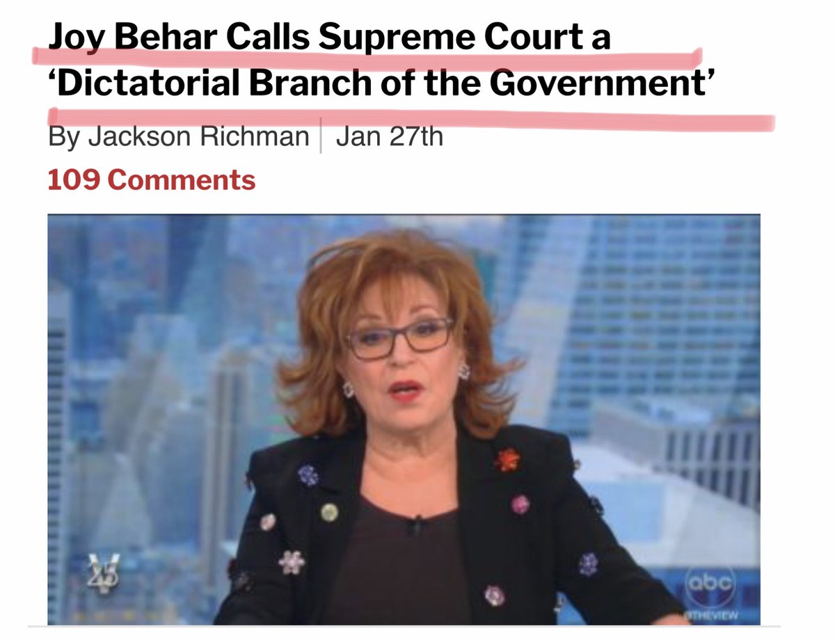 Joy Behar is  disrespectful to ALL 9 Justices of the Sup Ct and to the Court itself; she is trying to tear down one more institution-this is so destructive. I hope ⁦<a href="/TheView/">The View</a>⁩ and ⁦<a href="/ABC/">ABC News</a>⁩ dial her back and ask her to rethink what she is trying to do.