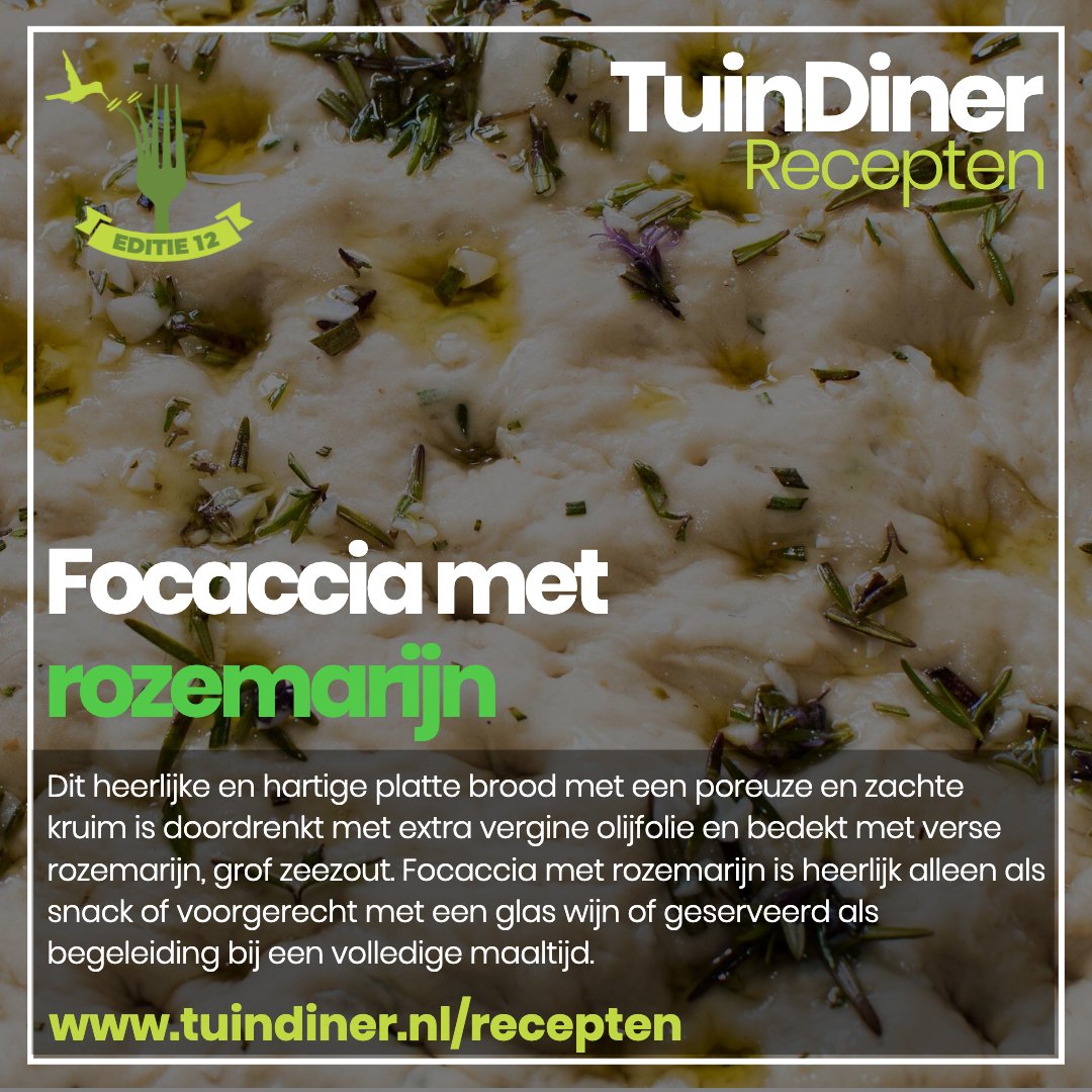 Deze heerlijke f𝗼𝗰𝗮𝗰𝗰𝗶𝗮 𝗺𝗲𝘁 𝗿𝗼𝘇𝗲𝗺𝗮𝗿𝗶𝗷𝗻 is doordrenkt met extra vergine olijfolie en bedekt met verse rozemarijn &amp; grof zeezout. Link: social.tuindiner.nl/7A1s