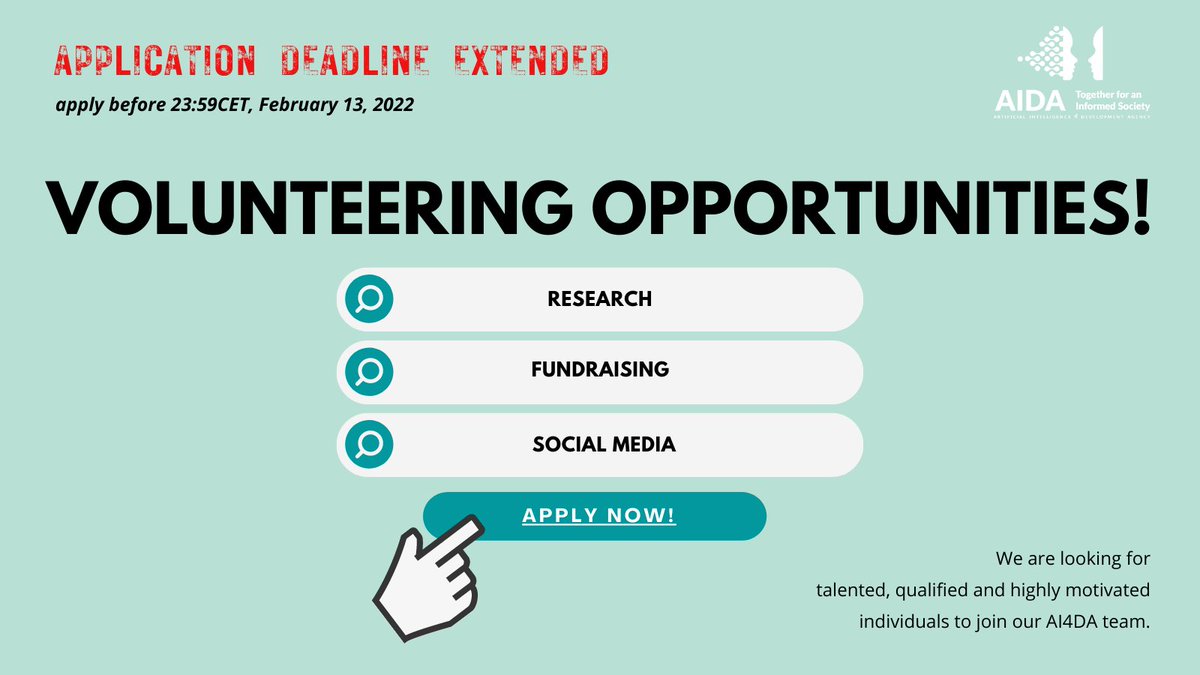 ai4development's tweet image. ⌛APPLICATION DEADLINE EXTENDED⌛

Don't just join AI4DA, become an AI4DAner and let’s shape the AI agenda of tomorrow together!

APPLICATION FORM: forms.gle/Td6DaKtUm2y6UJ…

SUBMISSION DEADLINE is Sunday, 13th February 2022, 23:59 CET

#AI4development #TogetherForAnIformedSociety