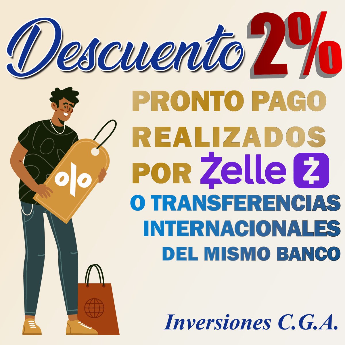 ¡DESCUENTO 2%!

Pronto pago realizados por Zelle o transferencias internacionales del mismo banco. ¡NO TE LO PIERDAS!

Para mayor información comunícate con nosotros.

#VentasAlMayor #VentasVenezuela #oportunidad #Mayoristas #ConsumoMasivo #Automotriz #Ferretería #Productos