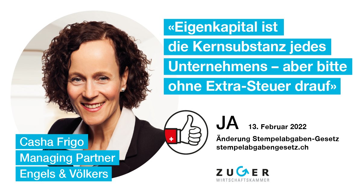 Am 13.Februar stimmen wir über die Teilabschaffung der #Stempelsteuer ab. Unser Mitglied Casha Frigo, Managing Partner bei Engels &amp; Völkers, sagt Ja zur Vorlage, weil starke Firmen gut kapitalisiert sein müssen, um Stürme zu überstehen ☔.
Weitere Facts: bit.ly/3KtDriK