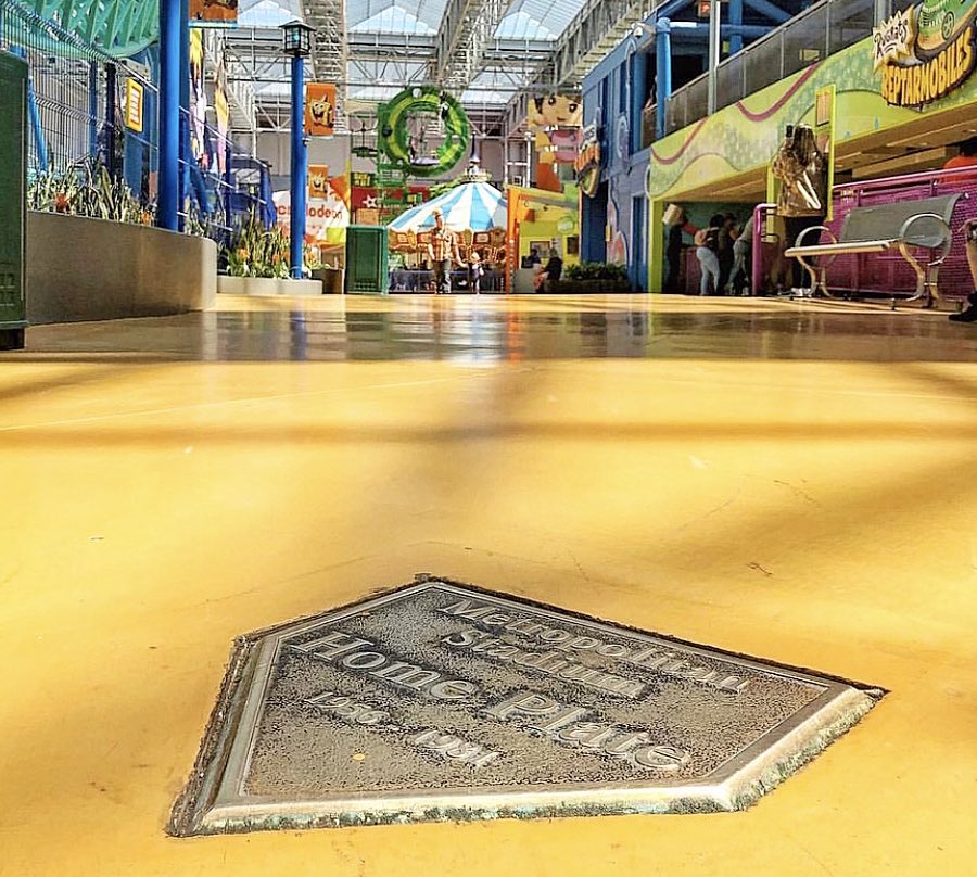 mallofamerica's tweet photo. Several nods to #MetropolitanStadium can be found throughout @NickUniverse, including a bronze plaque marking the former site of home plate for the @Twins, who played 21 seasons at the stadium, and a silver coin where the 50-yard line was once located! #MOA30 #throwback #tbt https://t.co/YJrtMZVSms