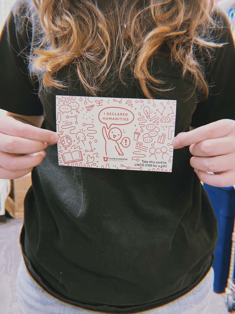 UofUHumanities's tweet photo. We want to celebrate YOU! Are you about to officially declare your Humanities major? Grab one of these "I Declared" cards (with a peel-off sticker!) from your advisor and bring it to LNCO 2100 for a swag bag full of humanities goodies. #IDeclared #UofUHumanities https://t.co/iaWYIK2wxp