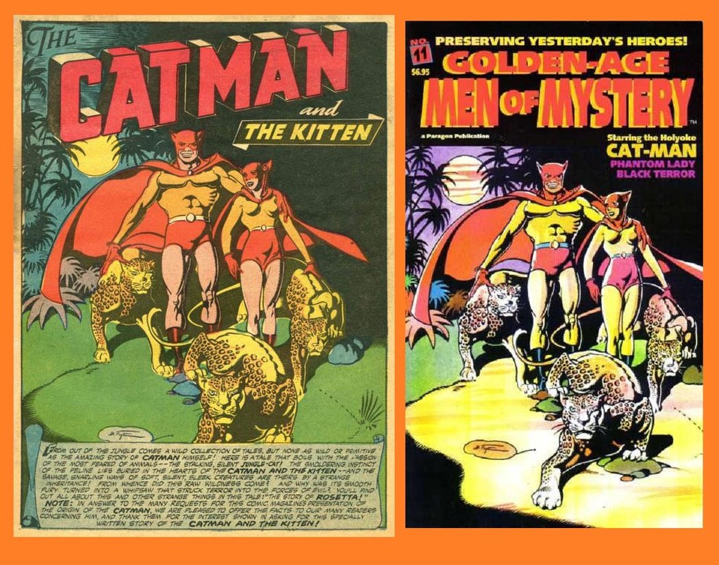 HeroesUnited_4's tweet photo. Great #Women #Heroines! In April 1945 #CatmanComics, origin story of #Kitten and Cat-Man in Cat-Man Comics #27. Cat-Man #27 story introduction with Kitten also on cover of AC Comics in 1998 Golden Age Men of Mystery #11-#HolyokePublishing #HolyokeComics-after #GoldenAge Early Era https://t.co/a70ZRcuZ77