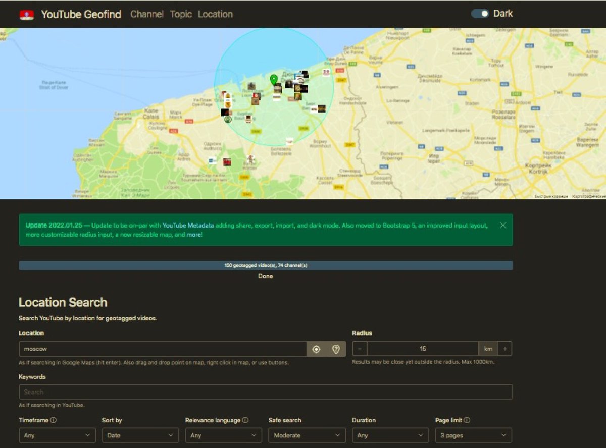 25.01.2022 YouTube Geofind (tool for search video by location) received a big update. Added share, export, import, and dark mode

Also note the the ability to filter Life events, HD, Creative Commons and 3D video in the results.

mattw.io/youtube-geofin…

#osint #socmint #youtube