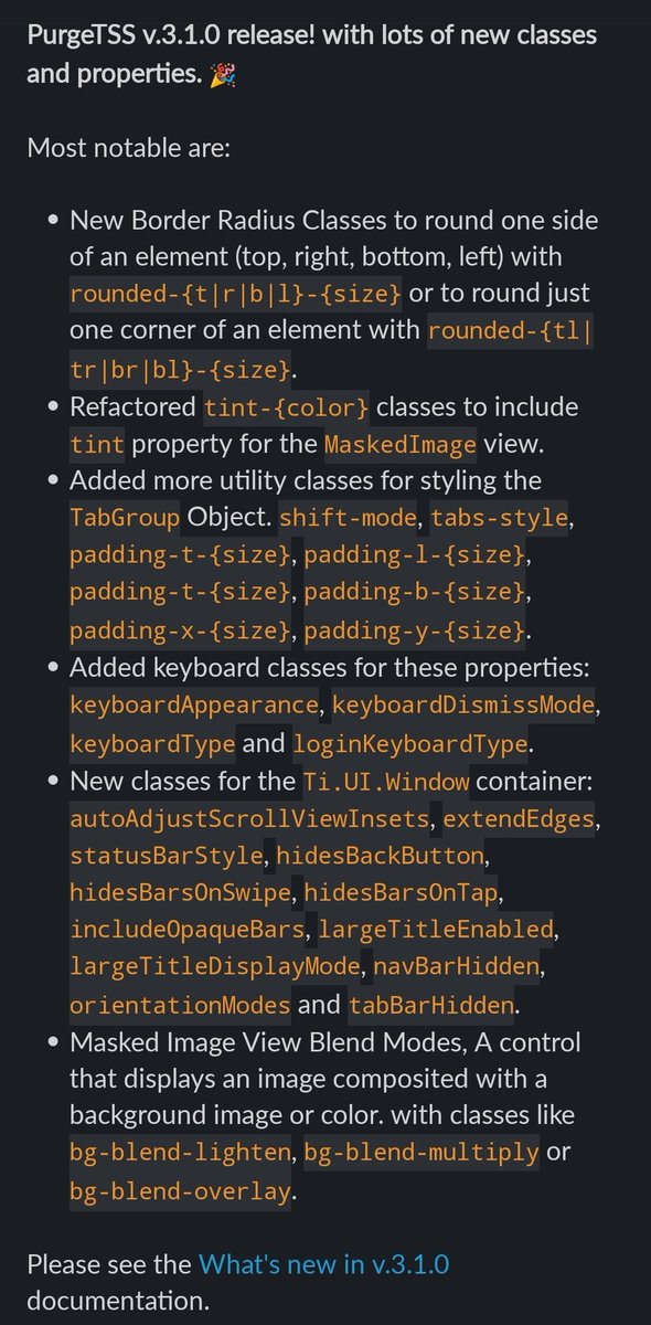 codigomovil's tweet photo. PurgeTSS v3.1.0 release!! With lots of new classes and properties.

Please see the What's new in v.3.1.0 documentation. https://t.co/GHk92ExJy7

#titanium #tidev #appcelerator #mobiledev #android #ios https://t.co/JGz7Vih9oU