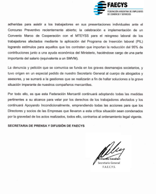 Cros/as, les comparto el petitorio de nuestro Sec. Gral, cro Armando Cavalieri enviado a través de <a href="/faecys/">FAECYS Cuenta Oficial</a> a la IGJ para solicitar la intervención judicial de #Garbarino y #Compumundo