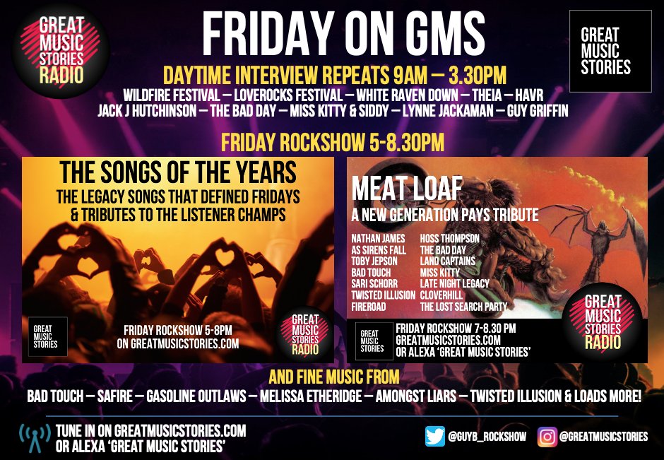 Friday on GMS Radio. Daytime interview repeats, Friday show 5-8.30pm x Interviews @BadDay_Official @JackJHutchinson @lynnejackaman @assirensfall @TobyJepson @iammisskittyhq @WeAreInglorious @OfficialTIband @13_Stars1 @The_LSP_Rock @LNLegacy @badtouchrocksuk @SariSchorr & more