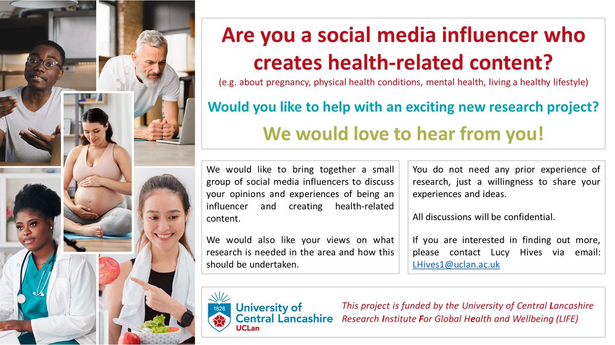 Lucy Hives (@lucyhives) on Twitter photo We are looking for #healthinfluencers to help with our research🍎🏋️🤰! Please get in contact if you are interested in finding out more 📧LHives1@uclan.ac.uk #influencers #HealthBloggers #HealthResearch #PublicInvolvement
<a href="/UCLanResearch/">UCLan Research</a> <a href="/NIHRinvolvement/">NIHR Involvement</a> please RT 🙂🙌 We are looking for #healthinfluencers to help with our research🍎🏋️🤰! Please get in contact if you are interested in finding out more 📧LHives1@uclan.ac.uk #influencers #HealthBloggers #HealthResearch #PublicInvolvement
<a href="/UCLanResearch/">UCLan Research</a> <a href="/NIHRinvolvement/">NIHR Involvement</a> please RT 🙂🙌
