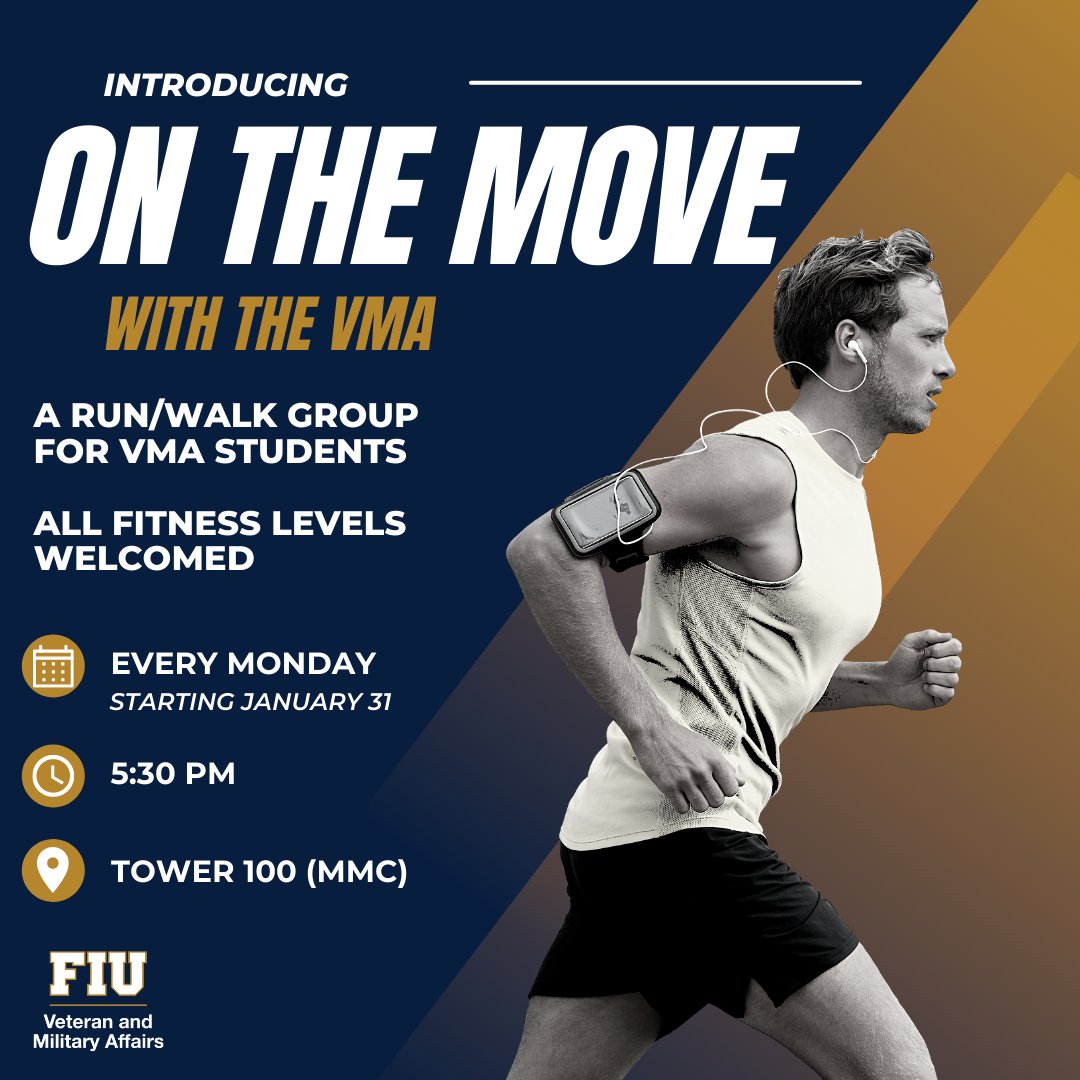fiuvma's tweet photo. We are excited to introduce a run/walk group for our VMA community! Join us every Monday outside Tower 100 (MMC) at 5:30 PM 🏃🏃🏃

All fitness levels are welcome! 

#FIU #FIUVMA #FIUVeterans #FIUVets #OntheMoveVMA https://t.co/wbgG6281BK