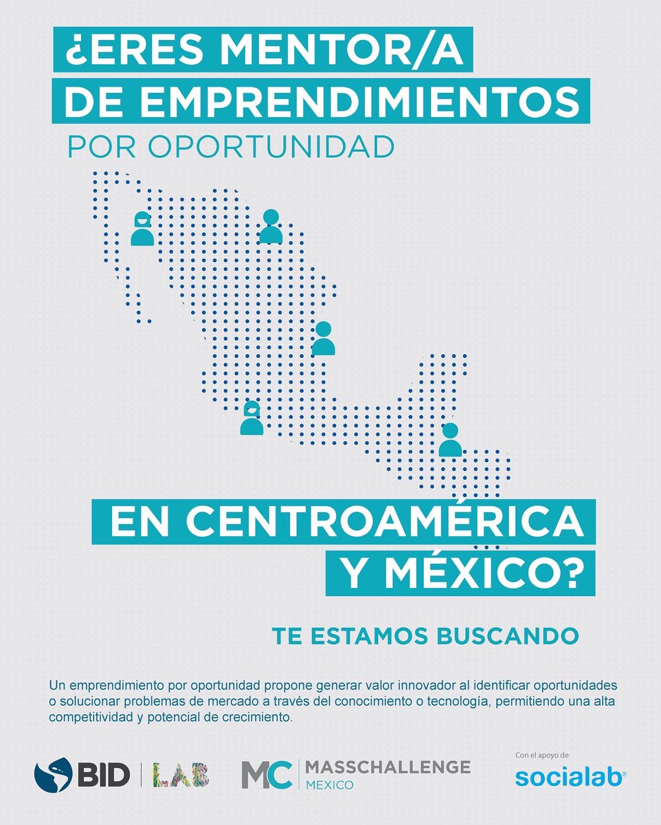🌎🔍<a href="/MassChallengeMX/">MassChallenge Mexico</a>, <a href="/IDB_Lab/">IDB Lab</a> y SOCIALAB buscamos a los principales actores del ecosistema de emprendimiento por oportunidad en Centroamérica y México, si quieres formar parte de esta gran red haz click aquí 👉  ee.kobotoolbox.org/x/qTRbjsL9