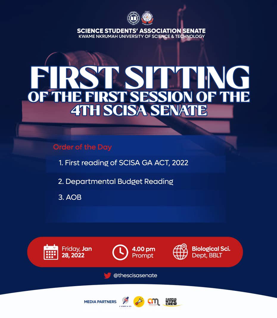 thescisasenate's tweet image. The house reconvenes to the chamber tomorrow for the first sitting of the first session of the 4th Senate. 

The most essential item on the Order Paper is the Departmental Budget Reading.

SCISANs are all invited🥂

Time: 4:00pm prompt
Venue: Dept, BBLT

#ScisaSenate
#ScisaKNUST