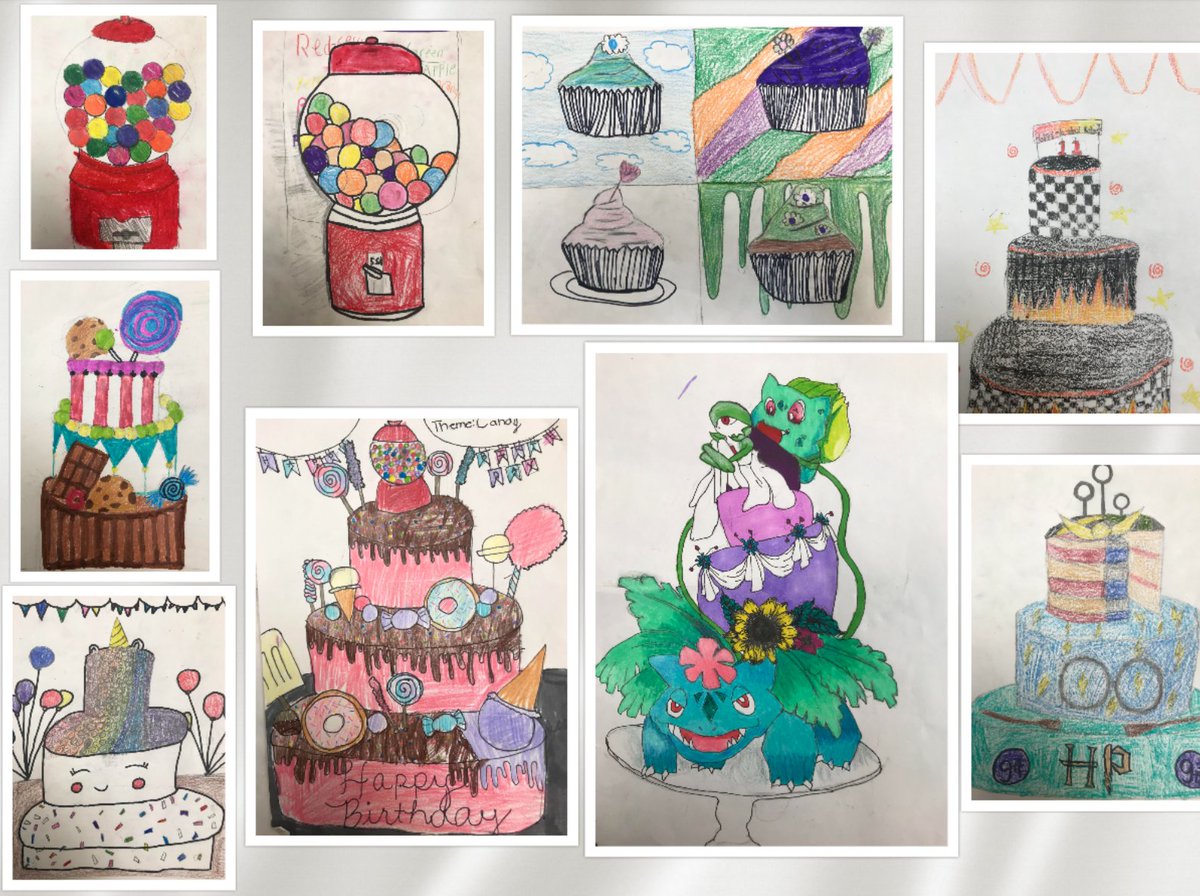 adohertyd87's tweet photo. In remembrance of Wayne Thiebaud, students focused on form and theme to create these yummy artworks! #waynethiebaud #foodart @SunnysideD87 #1d1t1m https://t.co/kuSuQ0xzbb