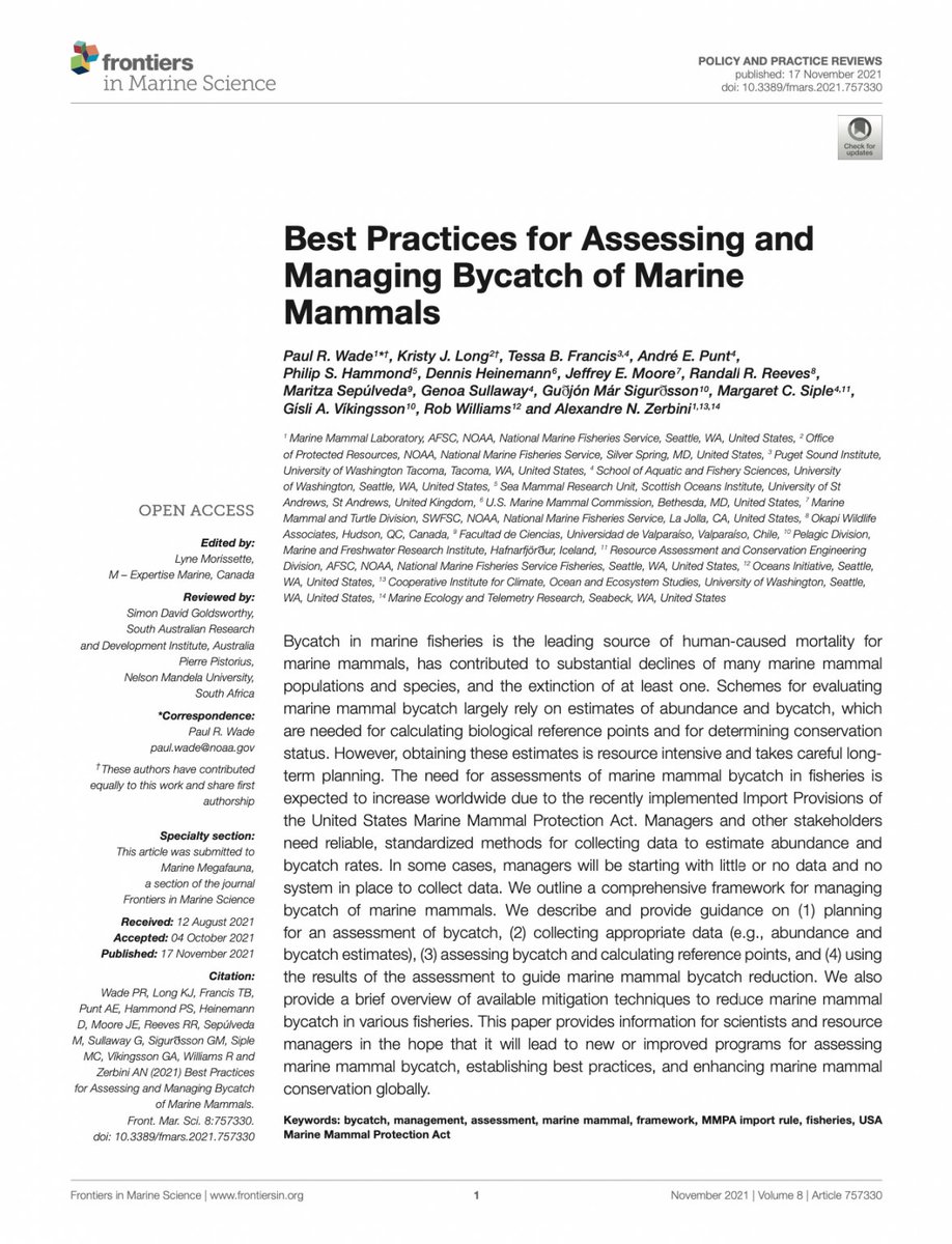 A new paper lays out practical guidance for managing marine mammal bycatch, including how to plan a bycatch assessment; collect appropriate data; conduct an assessment of bycatch; &amp; use the results of the assessment to guide bycatch reduction. marine-mammals.info/2022/01/04/mar…