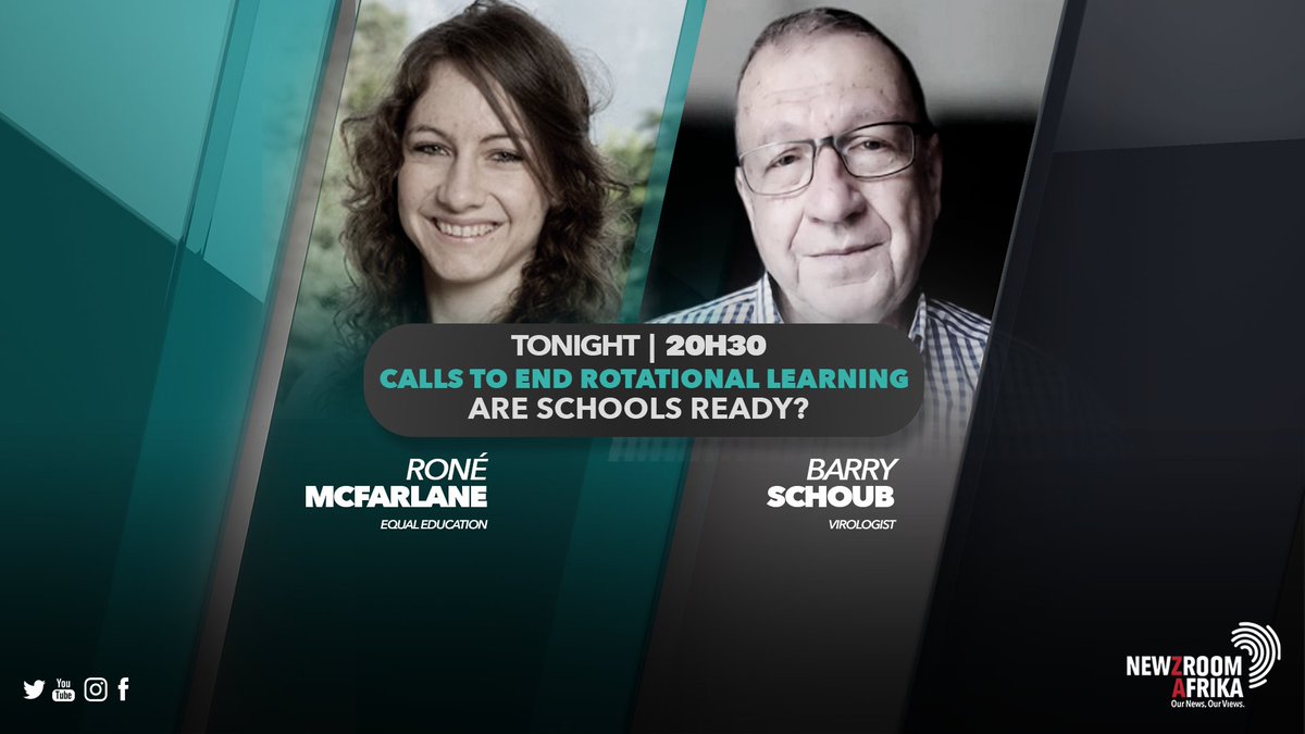 Newzroom405's tweet photo. [COMING UP] Virologist Barry Schoub and Equal Education's Roné McFarlane will be on #InFocusOn405 this evening at 20h30.

#Newzroom405 https://t.co/P47qOL1oTl