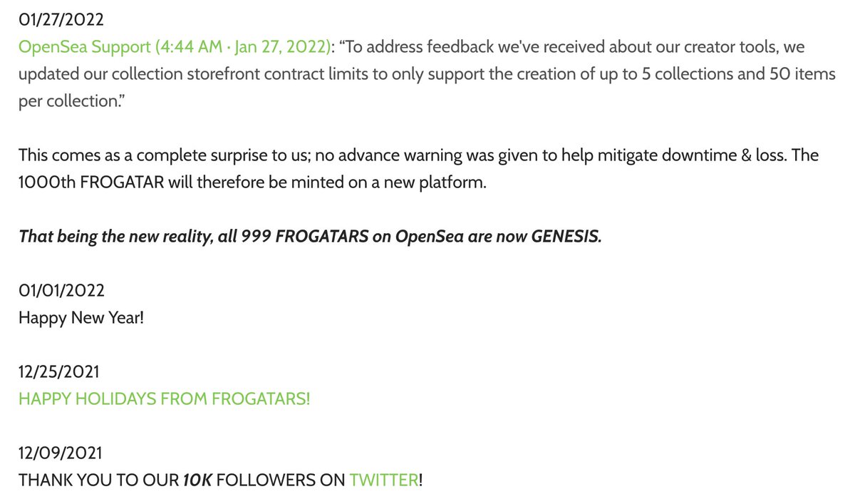 frogatars's tweet photo. This comes as a complete surprise to us; no advance warning was given to help mitigate downtime &amp; loss. The 1000th #FROGATAR will therefore be minted on a new platform.

That being the new reality, all 999 #FROGATARS on OpenSea are now GENESIS. #NFT https://t.co/iUqsDYMPAP