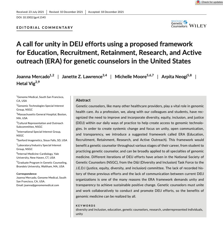 New article! 📰 Mercado et al.’s paper discusses ways to improve & incorporate DEIJ within our daily ways of practice using a suggested framework called ERA; doi: 10.1002/jgc4.1545 @HetalVig @JZ_Lawrence @mmoore1969 @arpitaneogi #GeneChat #GCChat