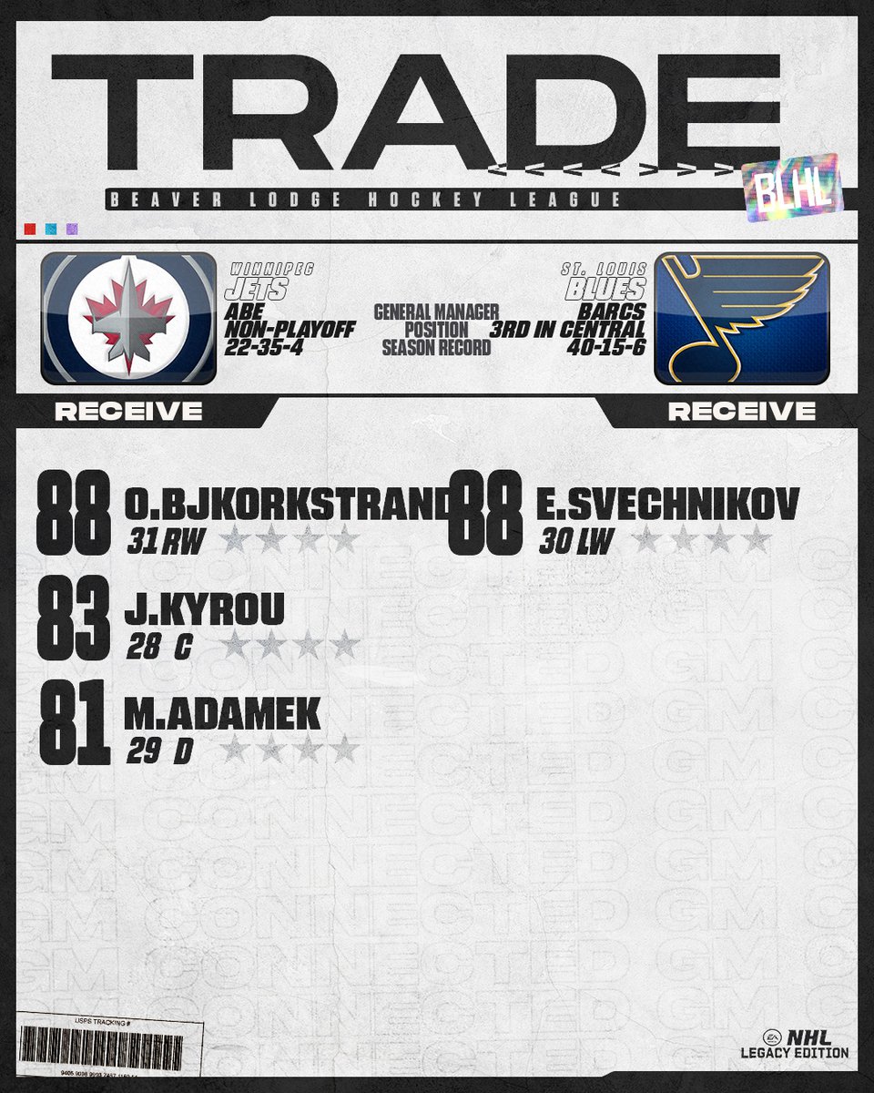 theBLHL's tweet photo. ↔️TRADE↔️ Barcs with a couple of moves to boost his chances at defeating his nemesis Waynzy when they inevitably meet in the upcoming playoffs. Word on the street is he made another overpayment for Horvat to keep him away from Nashville. #GMConnected https://t.co/fFJjhqTCJX