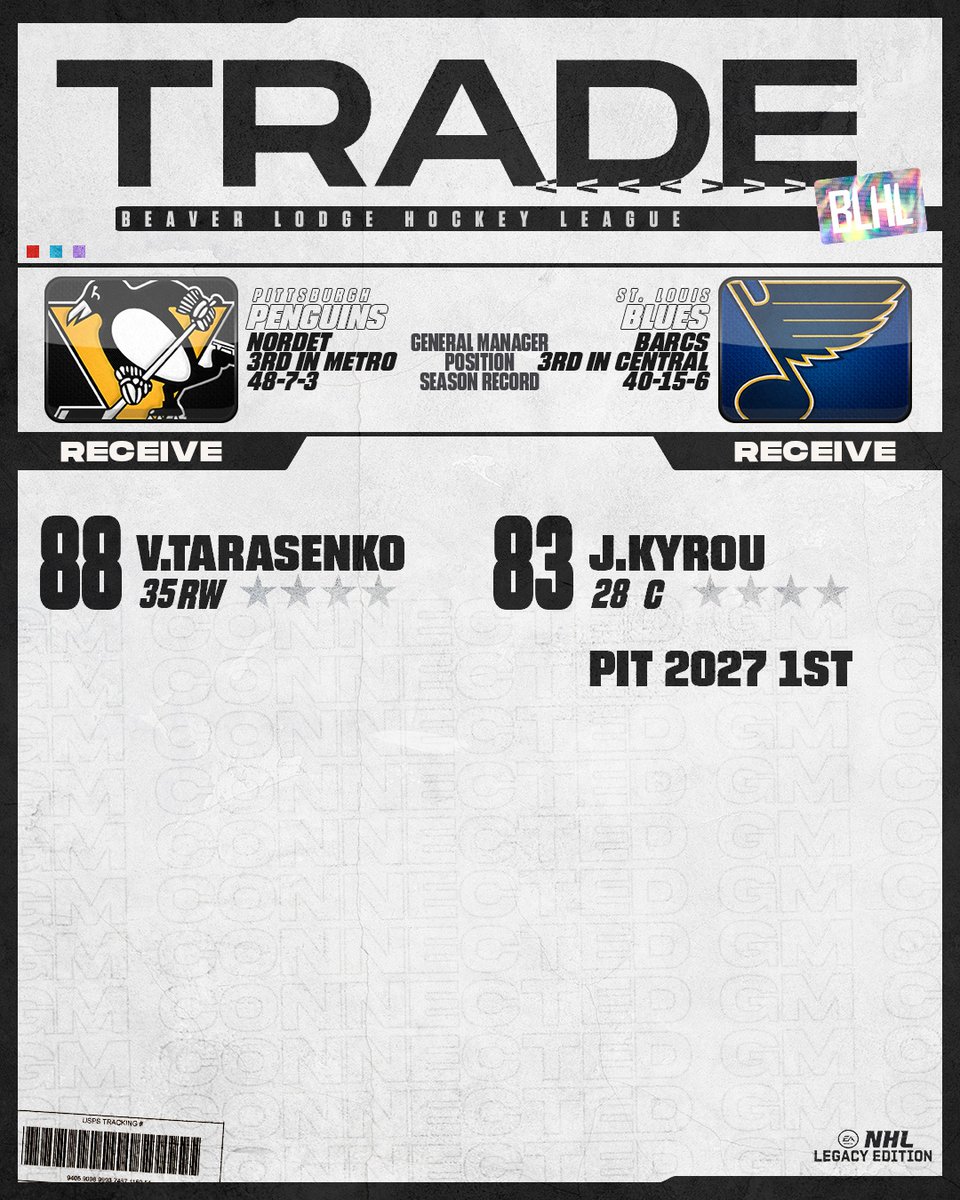 theBLHL's tweet photo. ↔️TRADE↔️ Barcs with a couple of moves to boost his chances at defeating his nemesis Waynzy when they inevitably meet in the upcoming playoffs. Word on the street is he made another overpayment for Horvat to keep him away from Nashville. #GMConnected https://t.co/fFJjhqTCJX