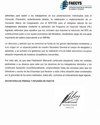 m_migliore's tweet photo. Cros/as, les comparto el petitorio de nuestro Sec. Gral, cro Armando Cavalieri enviado a través de @faecys a la IGJ para solicitar la intervención judicial de #Garbarino y #Compumundo https://t.co/tS68BVp1kK