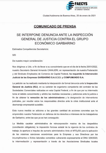 m_migliore's tweet photo. Cros/as, les comparto el petitorio de nuestro Sec. Gral, cro Armando Cavalieri enviado a través de @faecys a la IGJ para solicitar la intervención judicial de #Garbarino y #Compumundo https://t.co/tS68BVp1kK